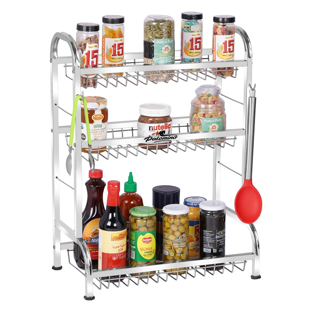 Palomino Stainless Steel Dish/Plate Rack/Stand | Utensil Rack | Modern Kitchen Rack | Container/Jar Stand | Dish Organizer | Rack with Plate & Cutlery Rack (24X18 Inch 3 Layer Kitchen rack)
