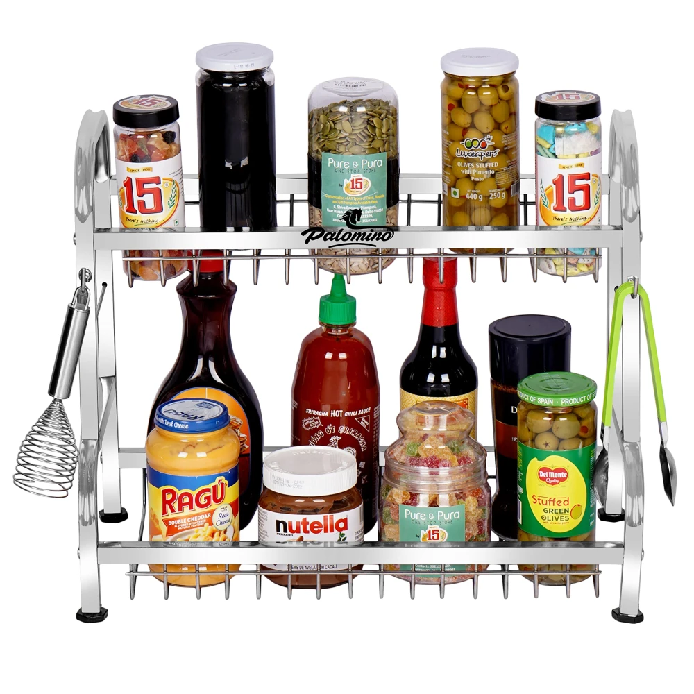 Palomino Stainless Steel Dish/Plate Rack/Stand | Utensil Rack | Modern Kitchen Rack | Container/Jar Stand | Dish Organizer | Rack with Plate & Cutlery Stand (15X18 Inch 2 Layer Kitchen Tray)
