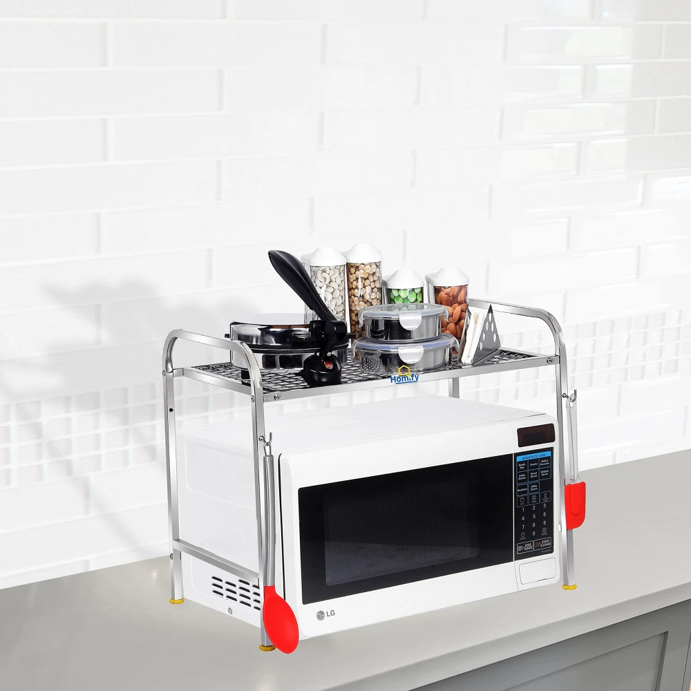 Homify Kitchen Microwave Shelf, Microwave Stand Kitchen Counter Shelf Organizer, Spicy Shelf Rack Toaster Organizer, Microwave Oven Rack, 1 Tiers with 2 Hooks (58 x 38 x 8 cm)