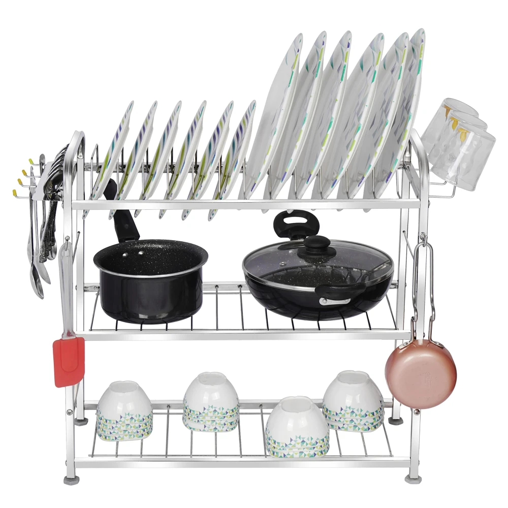 Palomino 3 Layer Wall Mount Kitchen Utensils Dish Rack | Stainless Steel Utensil Rack/Stand | Dish Stand/Holder | Kitchen Organizer | Utensils Rack with Plate & Cutlery Stand (21 x 21)