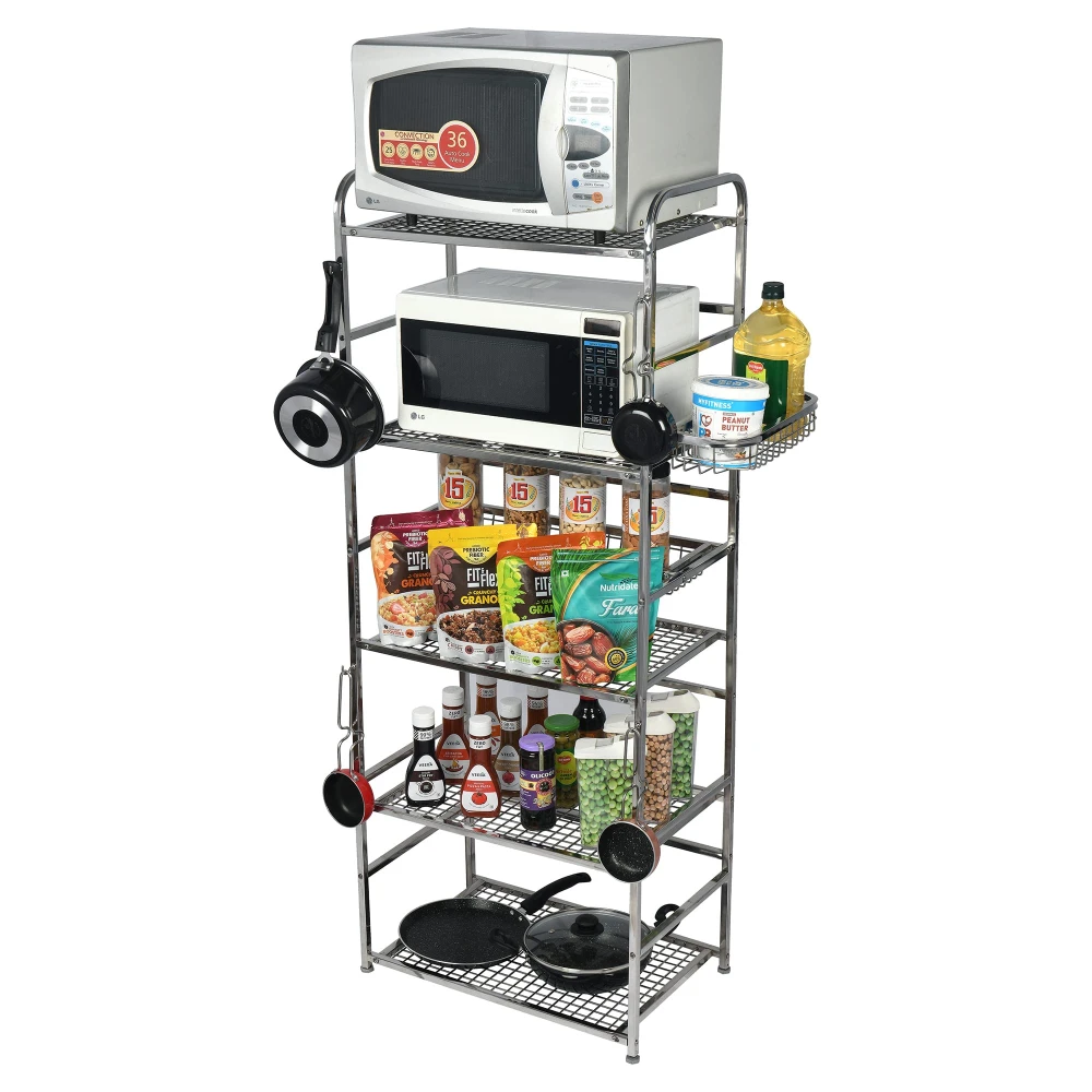 Palomino Stainless Steel Space Saver Kitchen Rack Stand for Microwave Oven Utensil Organizer Cutlery Storage Multipurpose Rack Stand for Home and Kitchen with Extra Hooks (Silver) (6 Shelf) (X-Large)