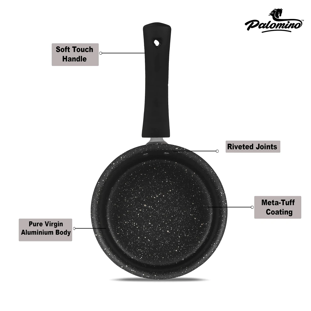 Palomino Aluminium Induction Base Sauce Pan | Heavy Duty Non-Stick Induction Sauce Pan | Cookware for Induction with Bakelite Handle (16cm, Black)