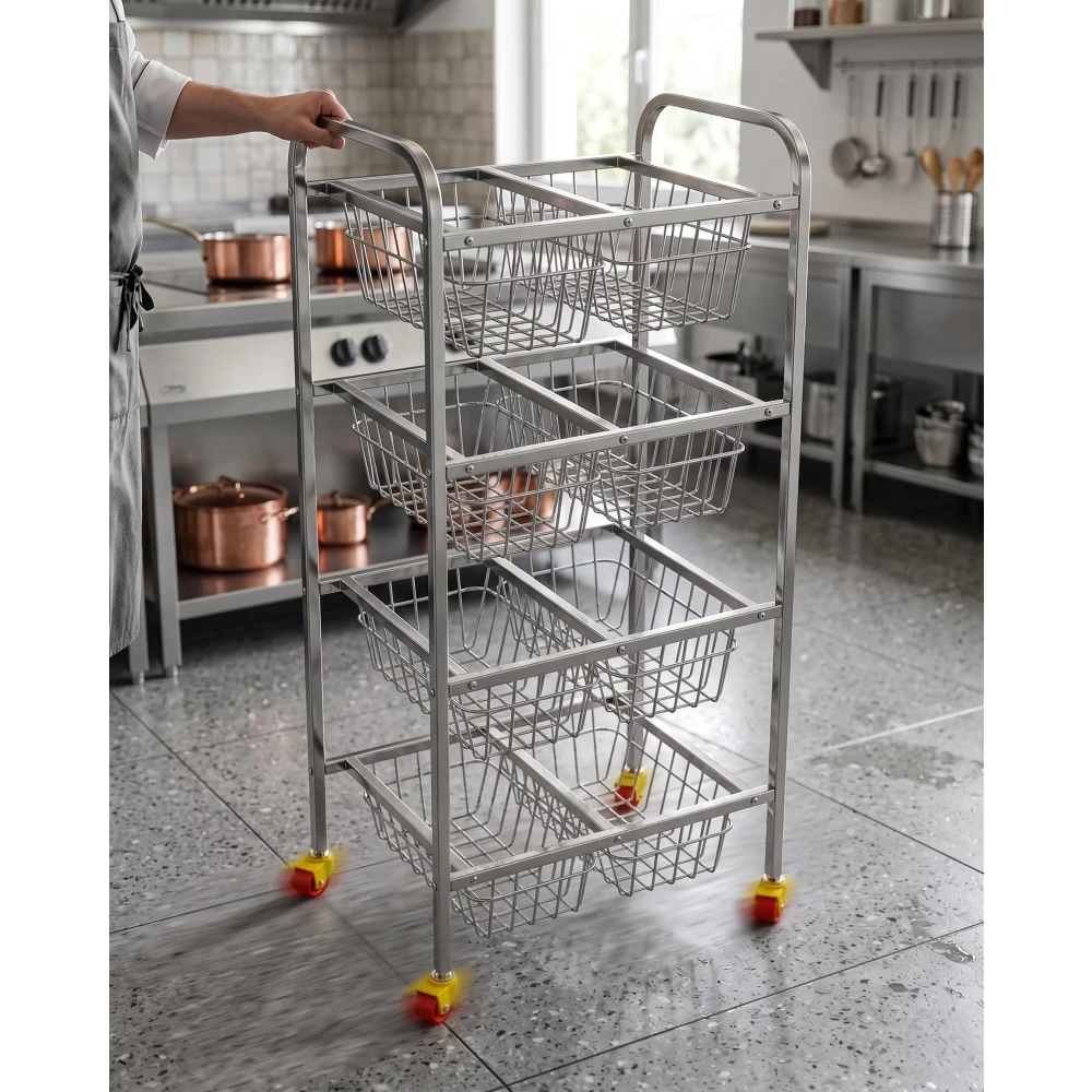 Palomino Stainless Steel Fruit & Vegetable Kitchen Trolley | Vegetable Basket | Fruit Basket | Vegetable Stand for Kitchen Storage | Onion Potato Rack for Kitchen (SUPERDLX-4SHELF, 4 Shelf)