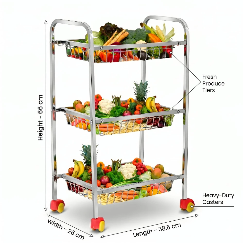 Palomino Fruits/Vegetables Kitchen Rack 3 Step Fruit and Vegetable Rack Stainless Steel Kitchen Trolley (3 Shelf)