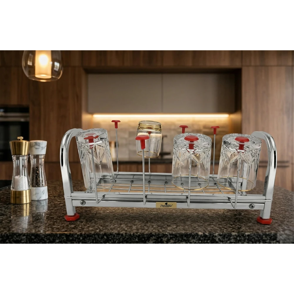 Palomino Stainless Steel Kitchen Rack with Glass Holder | Heavy Duty Cup & Glass Stand with 8 Hooks | Rust-Proof Countertop Organizer Shelf for Kitchen, Tea Cups, Utensils Storage (8 GLASS)