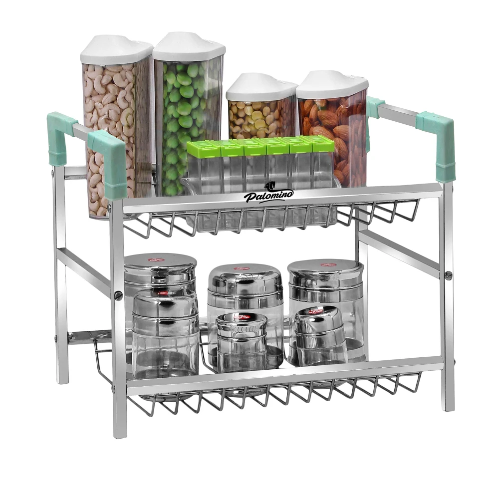 Palomino Stainless Steel Rack 2-Tier Container Organiser Basket for Boxes Rack for Utensils Dishes Plates Storage for Home Steel Kitchen Rack for Container Storage