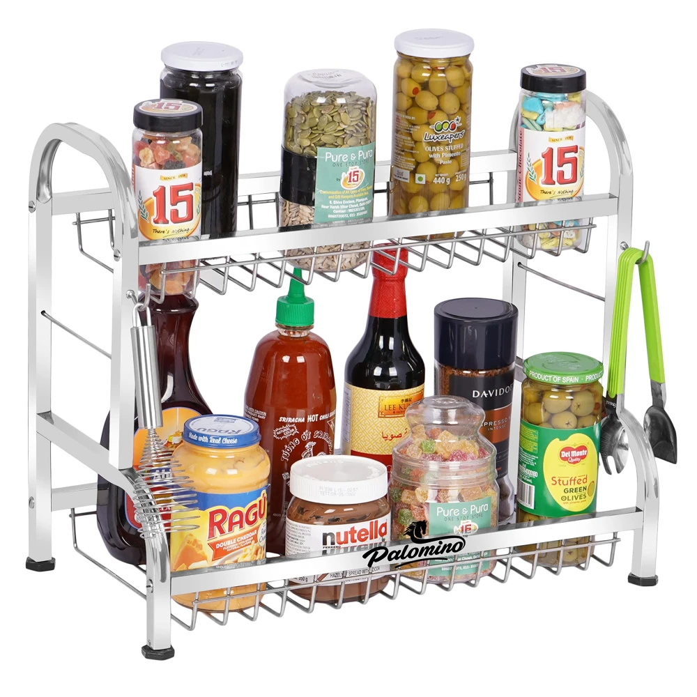 Palomino Stainless Steel Dish/Plate Rack/Stand | Utensil Rack | Modern Kitchen Rack | Container/Jar Stand | Dish Organizer | Rack with Plate & Cutlery Stand (15X18 Inch 2 Layer Kitchen Tray)