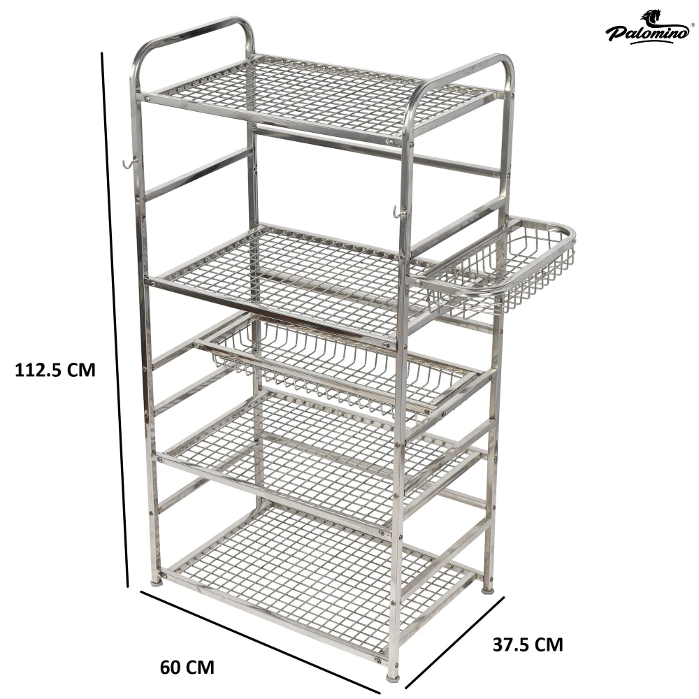 Palomino Stainless Steel Space Saver Kitchen Rack Stand for Microwave Oven Utensil Organizer Cutlery Storage Multipurpose Rack Stand for Home with Extra Hooks (Silver) (5 Shelf) (Large)