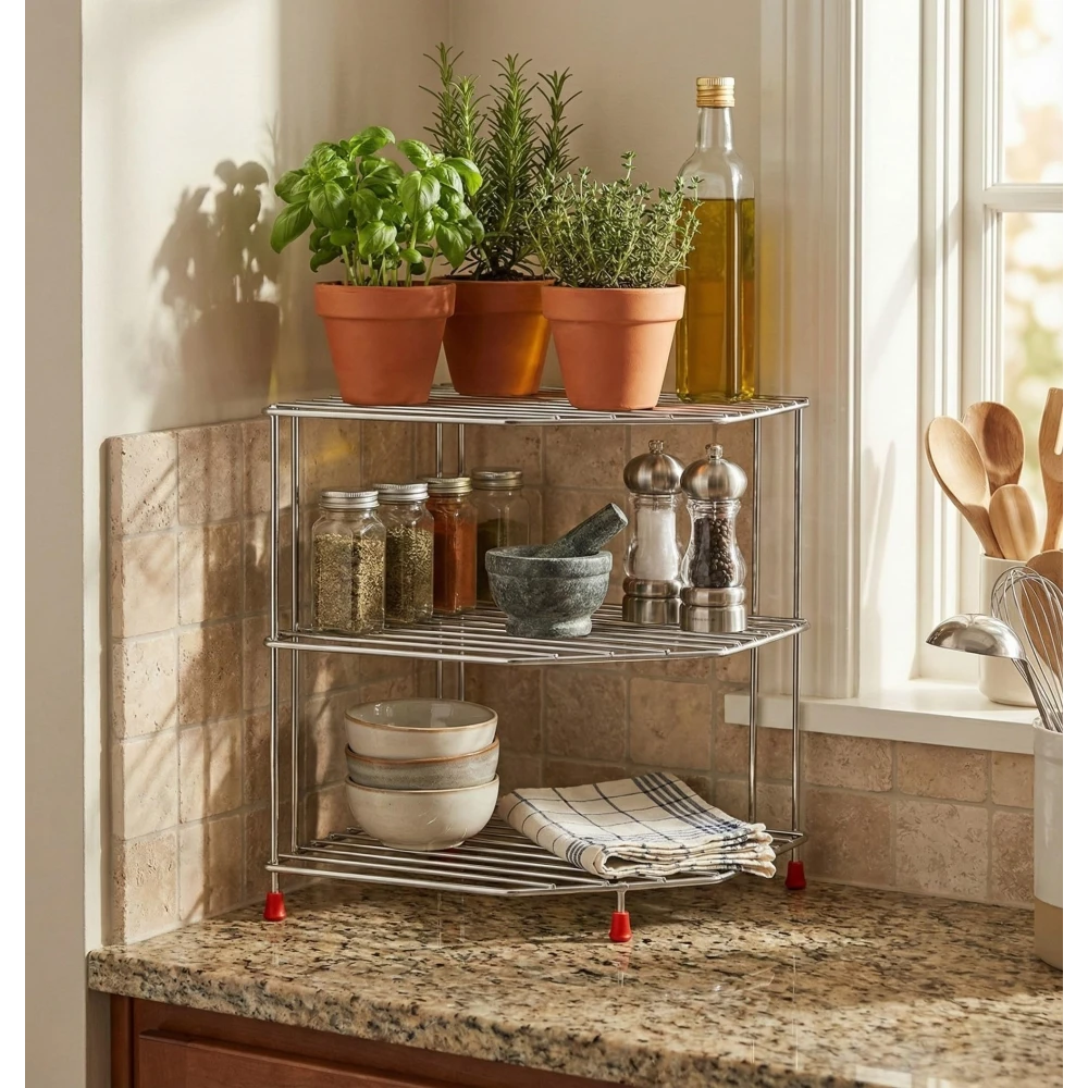 Palomino 3-Tier Stainless Steel Kitchen Organizer Rack Corner Shelf Rack for Kitchen Storage | Plate & Bowl Holder | Kitchen Steel Rack Stand for Sink, Slab, and Cabinet,Free Standing