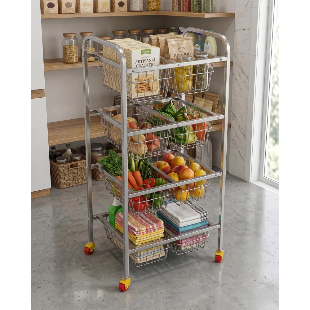 Palomino Stainless Steel Fruit & Vegetable Kitchen Trolley | Vegetable Basket | Fruit Basket | Vegetable Stand for Kitchen Storage | Onion Potato Rack for Kitchen (SUPERDLX-4SHELF, 4 Shelf)