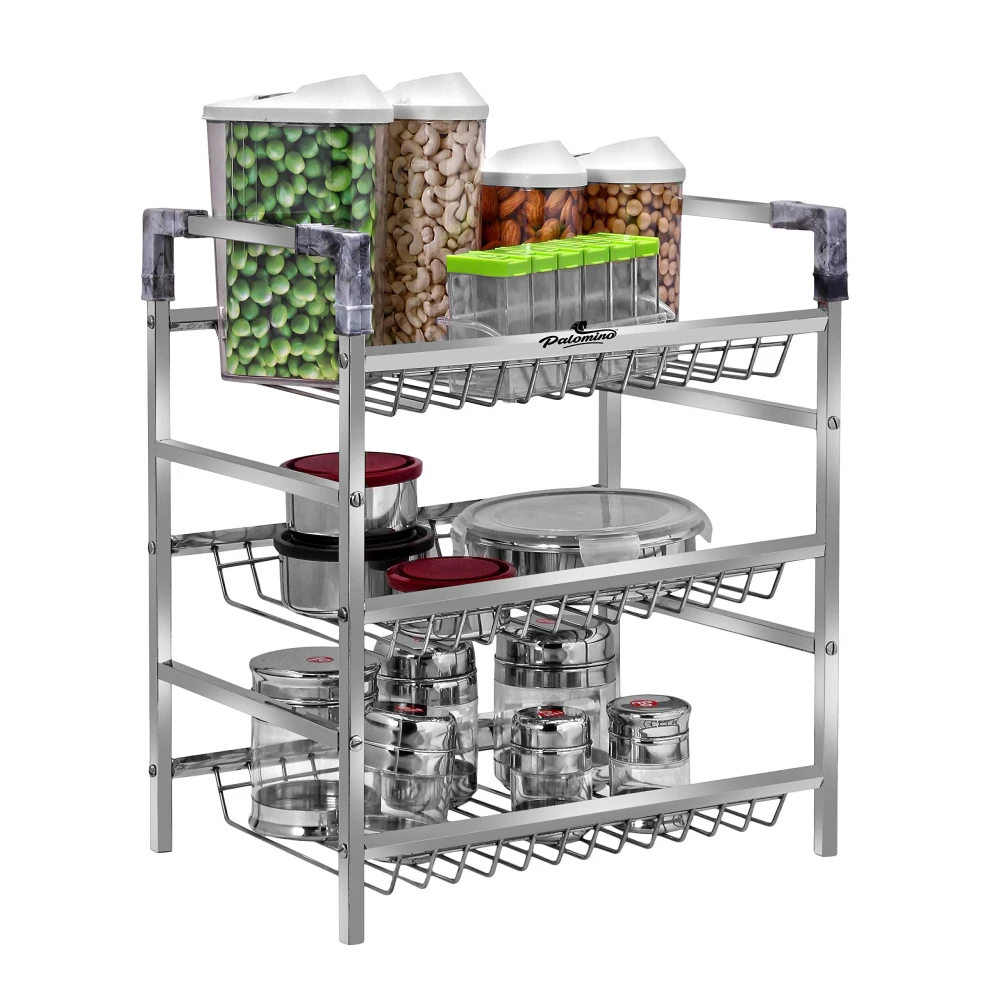 Palomino Stainless Steel 3-Tier Rack Container Organizer/Basket for Boxes Utensils Dishes Plates for Home PLMN-ALFA-3BLK
