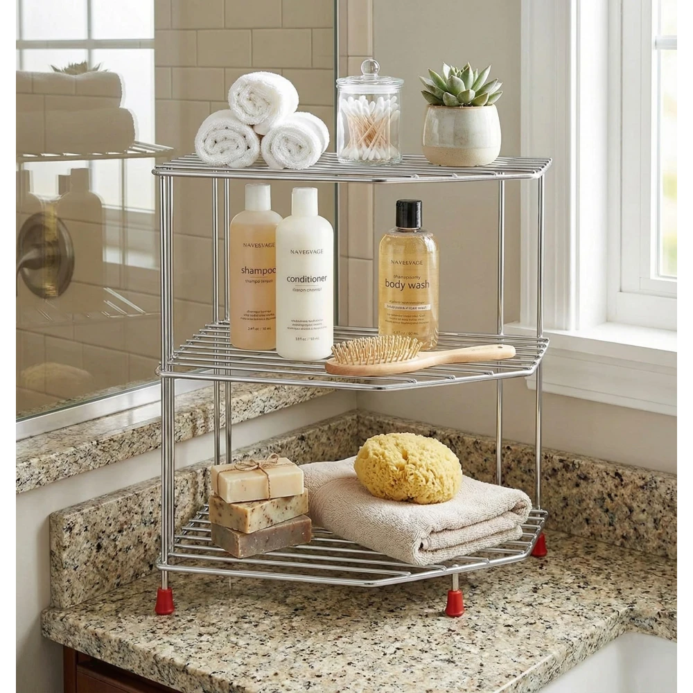 Palomino 3-Tier Stainless Steel Kitchen Organizer Rack Corner Shelf Rack for Kitchen Storage | Plate & Bowl Holder | Kitchen Steel Rack Stand for Sink, Slab, and Cabinet,Free Standing