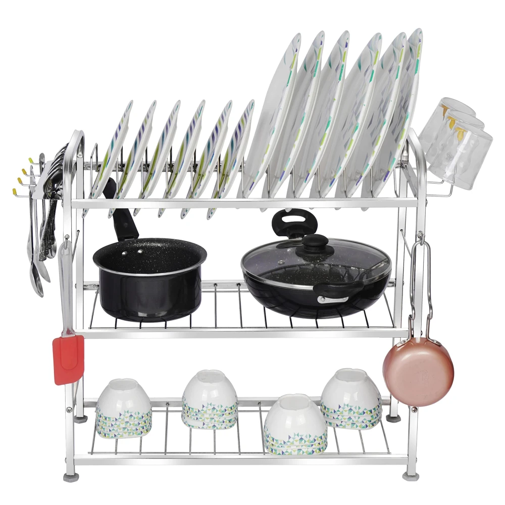 Homify 3 Layer Wall Mount Kitchen Utensils Dish Rack | Stainless Steel Utensil Rack/Stand | Dish Stand/Holder | Kitchen Organizer | Utensils Rack with Plate & Cutlery Stand (21 x 21)