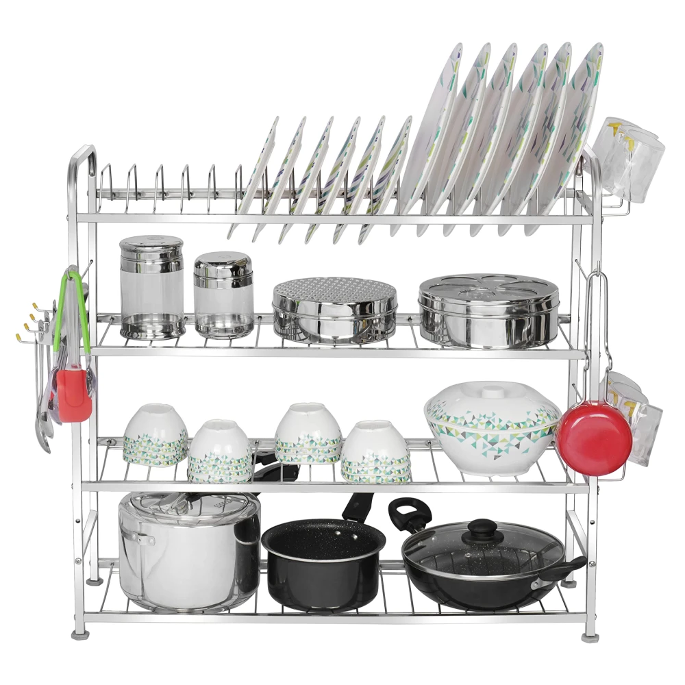 Palomino 4 Layer Wall Mount Kitchen Utensils Dish Rack | Stainless Steel Stand | Dish Holder | Kitchen Organizer | Utensils Rack with Plate & Cutlery Stand (31 x 30), Tiered Shelf