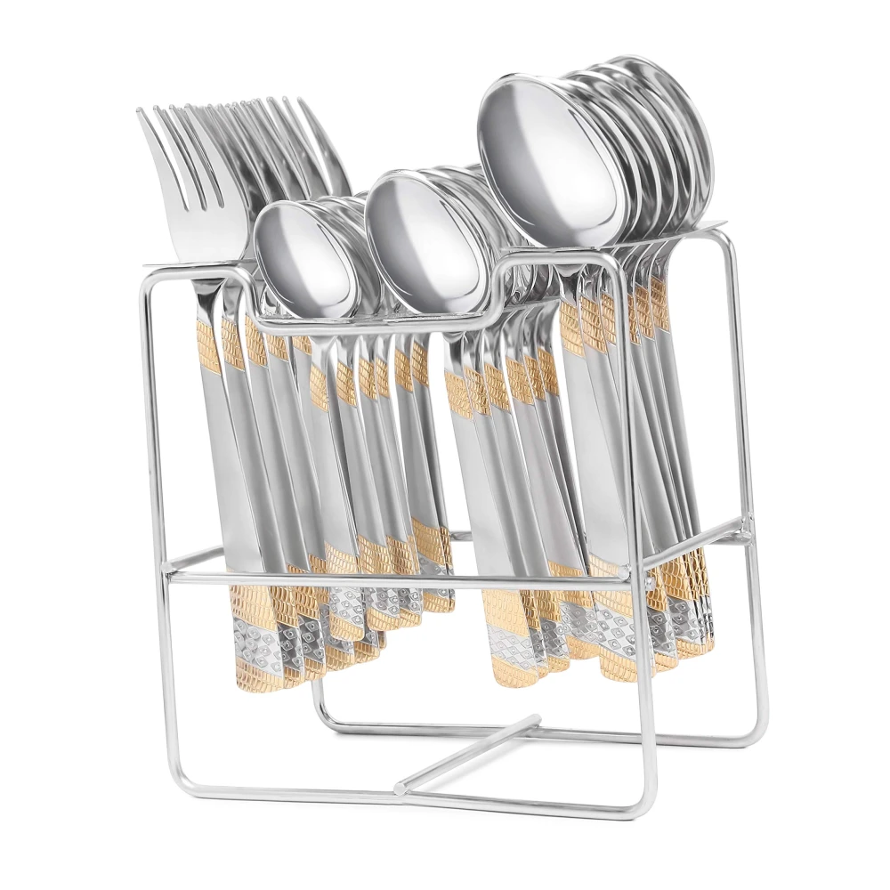 Palomino 24 pcs Stainless Steel Golden Design and Mirror Finish Cutlery Set with Beautiful Stand (Pack of 25)