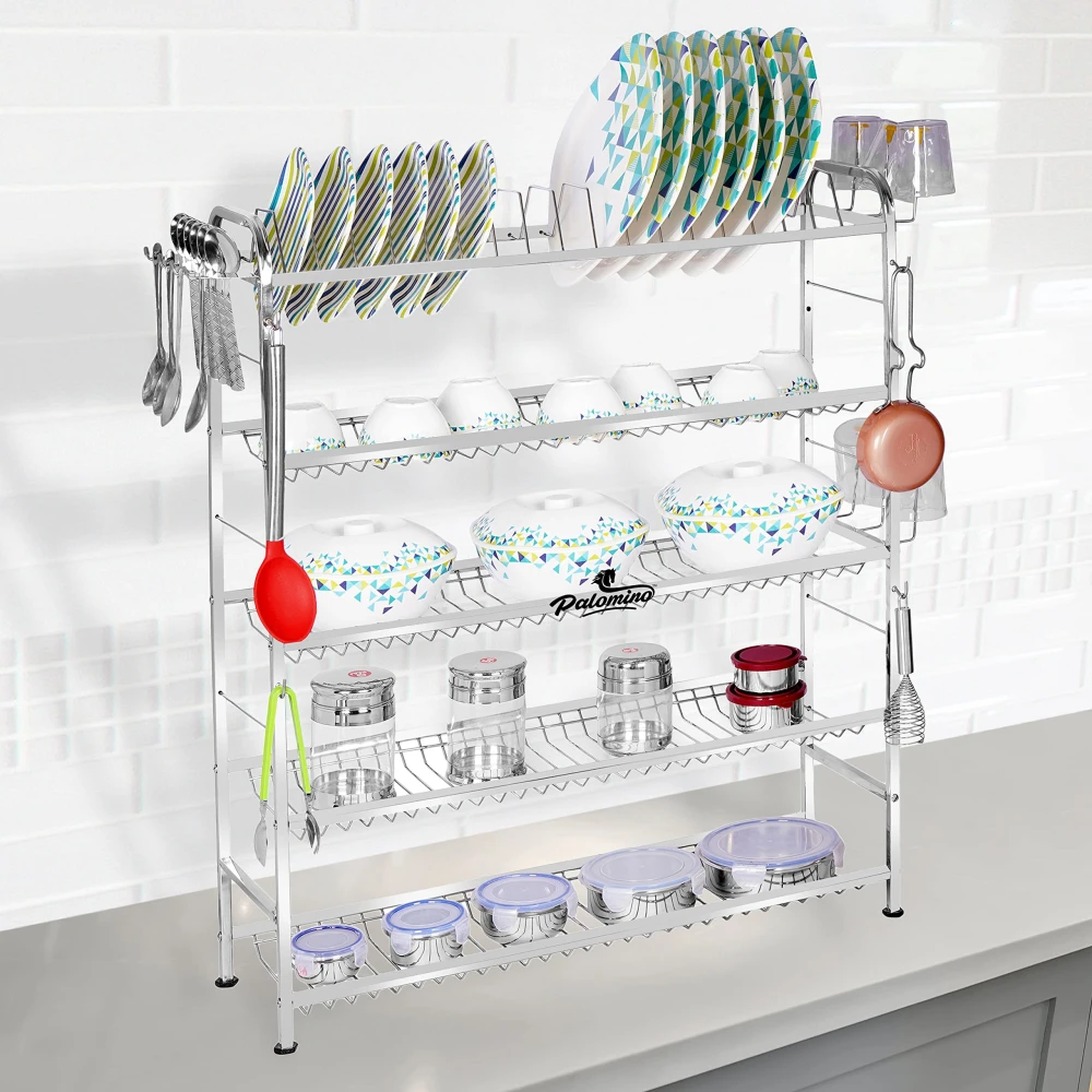 Palomino 5 Layer Shelf Wall Mount Kitchen Utensils Dish Rack | Stainless Steel Stand | Kitchen Organizer | Utensils Rack with Plate & Cutlery Stand (Opal 36 * 30 inch, Tiered Shelf)
