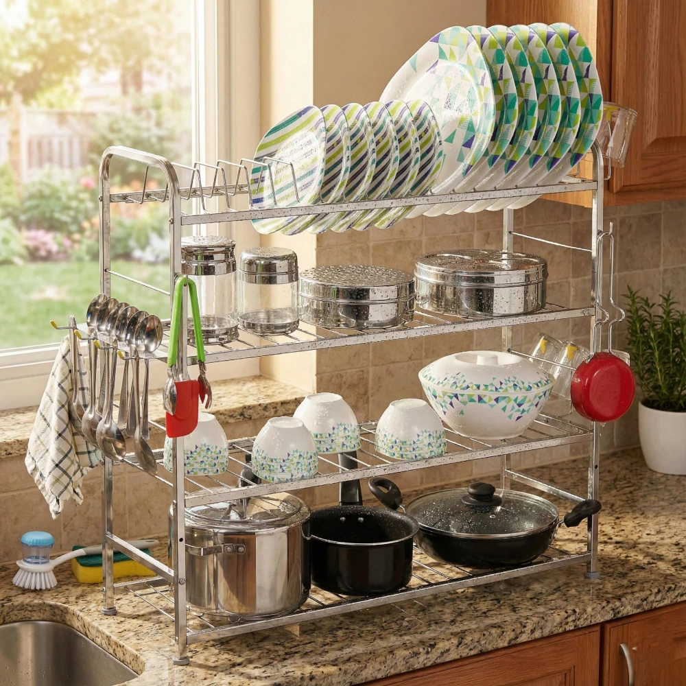 Palomino 4 Layer Wall Mount Kitchen Utensils Dish Rack | Stainless Steel Stand | Dish Holder | Kitchen Organizer | Utensils Rack with Plate & Cutlery Stand (31 x 30), Tiered Shelf