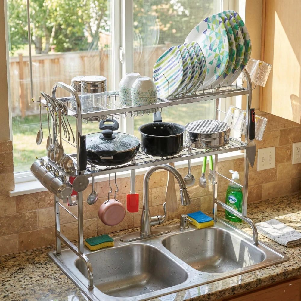 Homify Stainless Steel Over The Sink Dish Drying Rack 28 Inch| 2-Tier Utensil Holder for Kitchen | Counter Top Sink Rack | Standing Shelf for Organize Kitchen | Kitchen Dish Rack (2 Shelf)