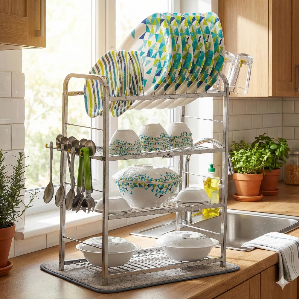 Homify Stainless Steel 4 Shelf Wall Mount Kitchen Utensils Rack | Dish Rack with Plate & Cutlery Stand | Modular Kitchen Storage Rack | Kitchen Organizer (18x24 inches)