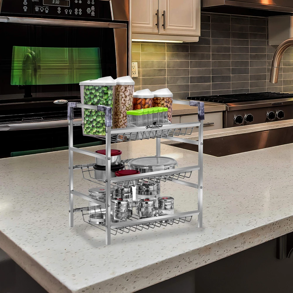 Palomino Stainless Steel 3-Tier Rack Container Organizer/Basket for Boxes Utensils Dishes Plates for Home PLMN-ALFA-3BLK