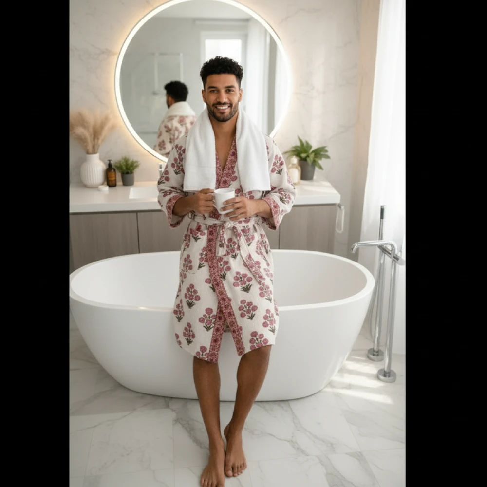 Men's Waffle Cotton Printed Bathrobe with Block Print Design (Free Size)