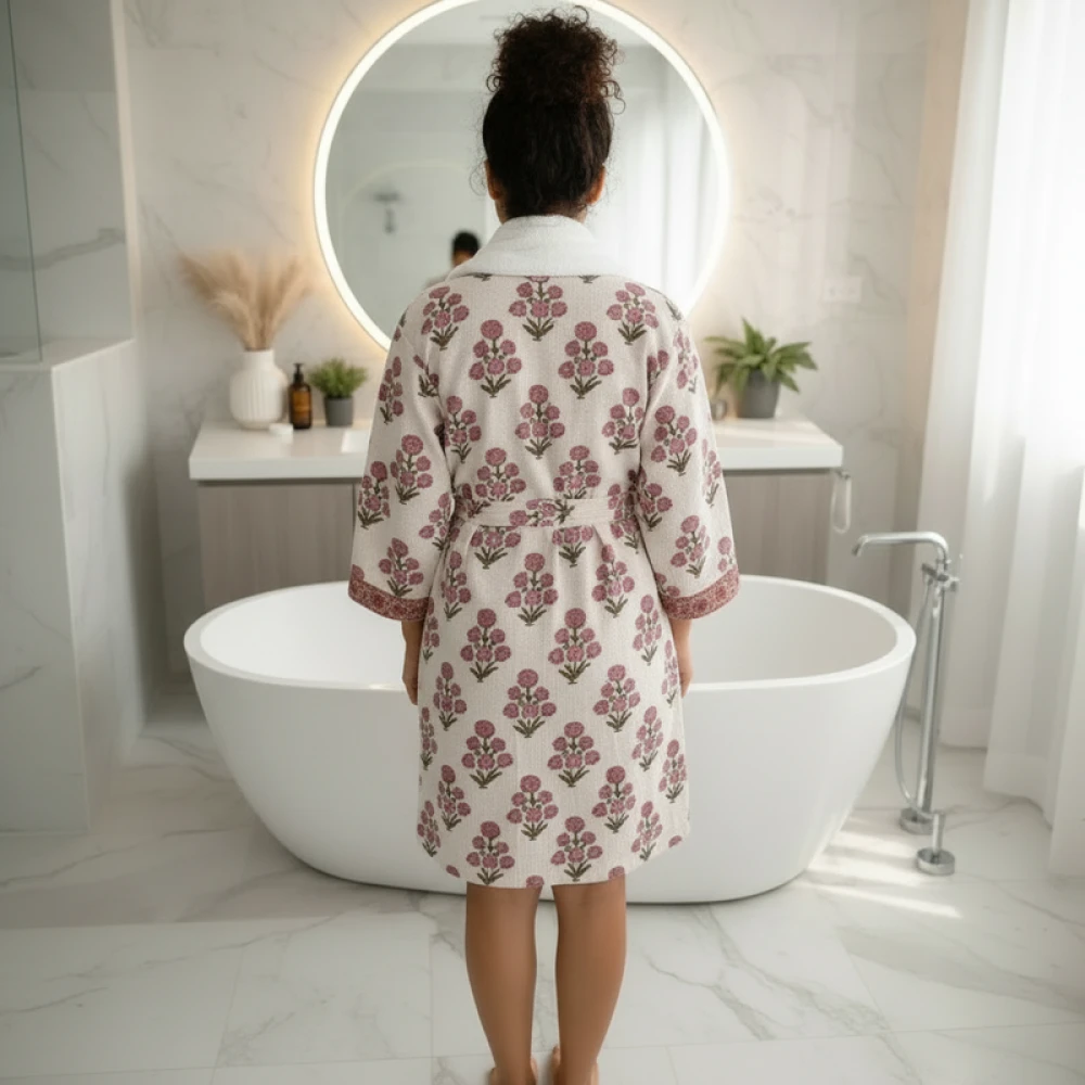 Women's Waffle Cotton Printed Bathrobe with Block Print Design (Free Size)