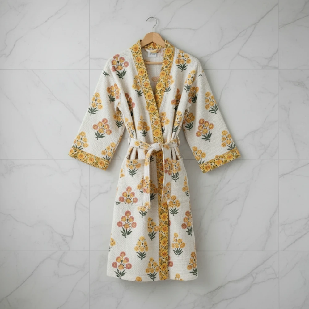 Waffle Cotton Unisex Hand Block Print Bathrobe (Free Size)