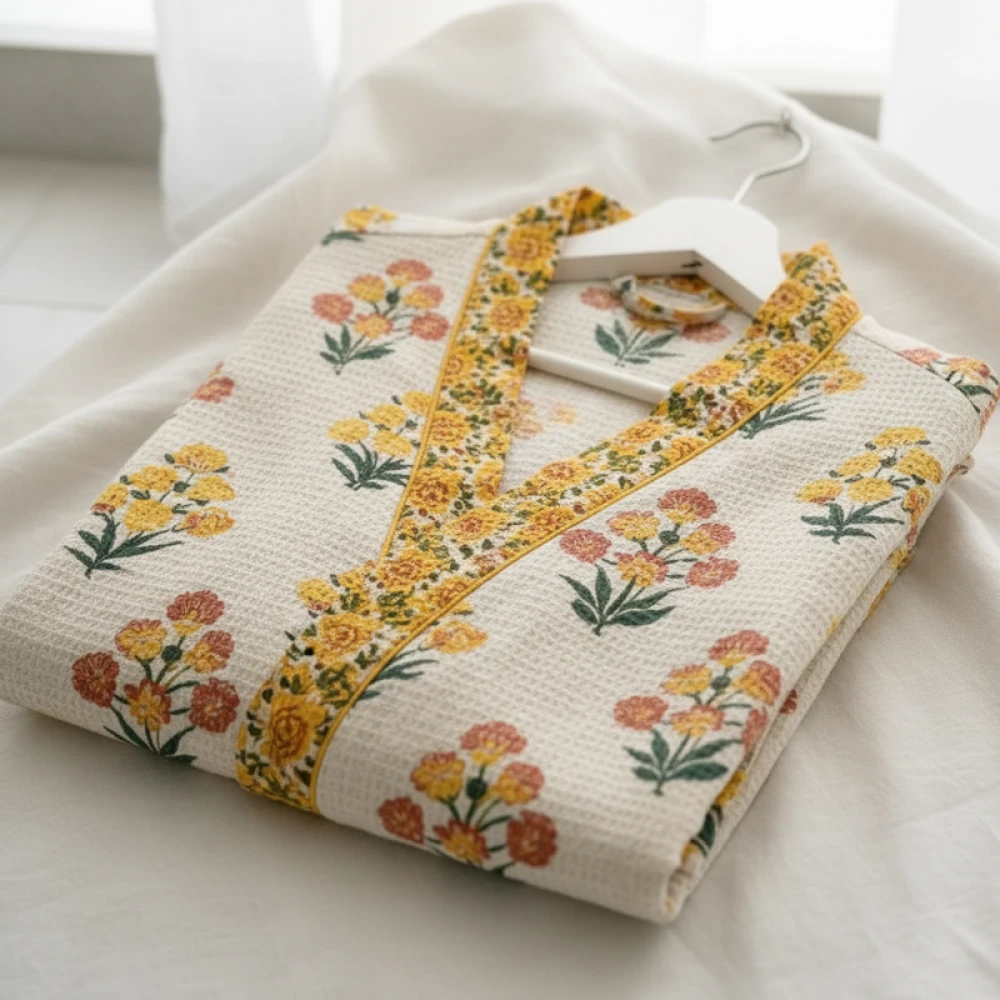 Waffle Cotton Women's Hand Block Print Bathrobe (Free Size)