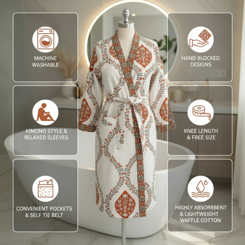 Soft Waffle Cotton Women's Spa Block Print Bathrobe (Free Size)