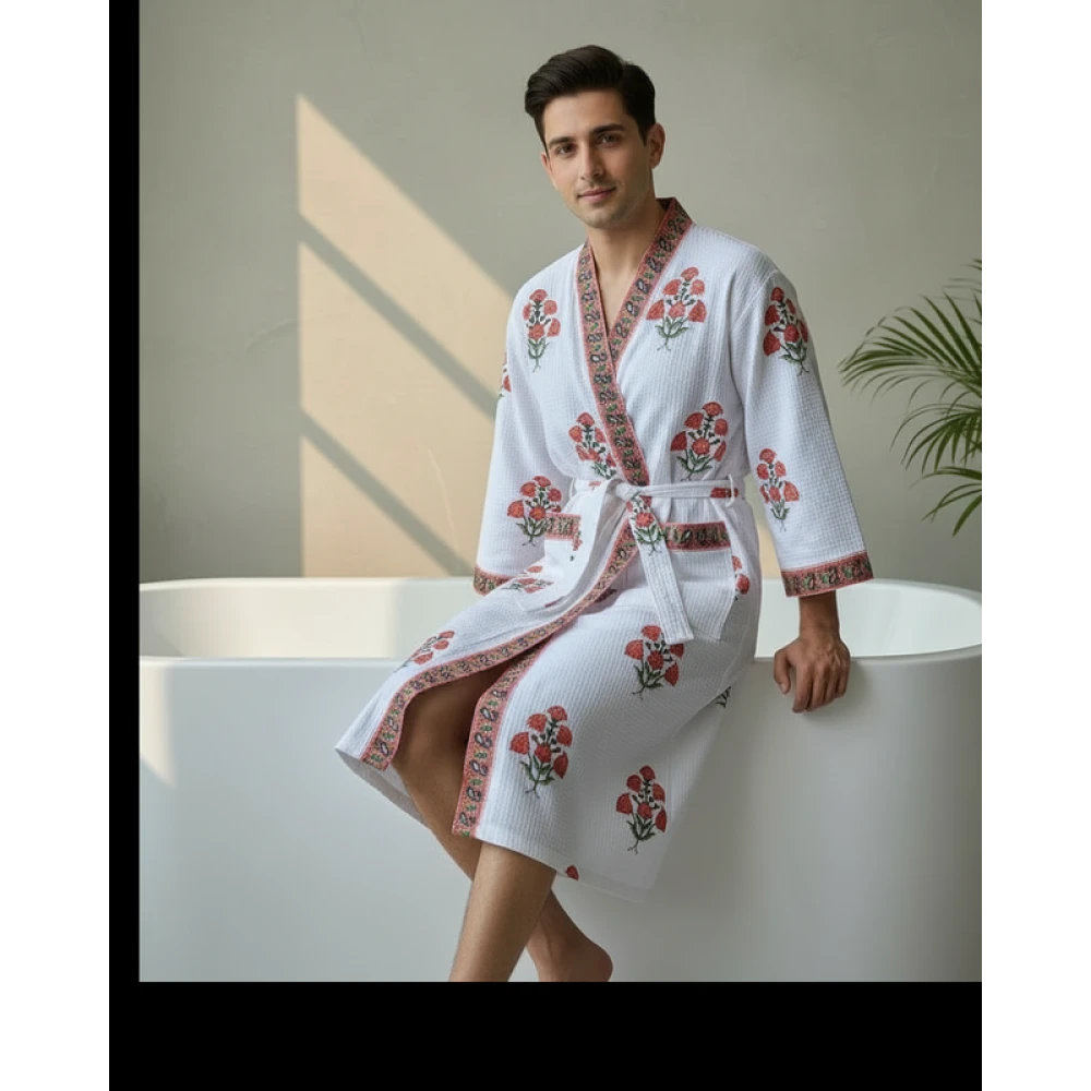 Absorbent Waffle Cotton Men's Printed Bathrobe (Free Size)