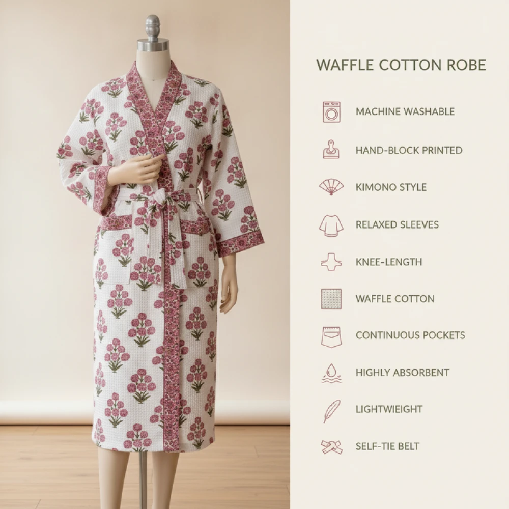 Men's Waffle Cotton Printed Bathrobe with Block Print Design (Free Size)