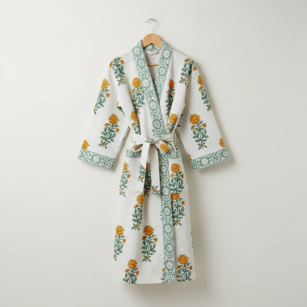 Classic Waffle Cotton Men's Designer Block Print Bathrobe (Free Size)