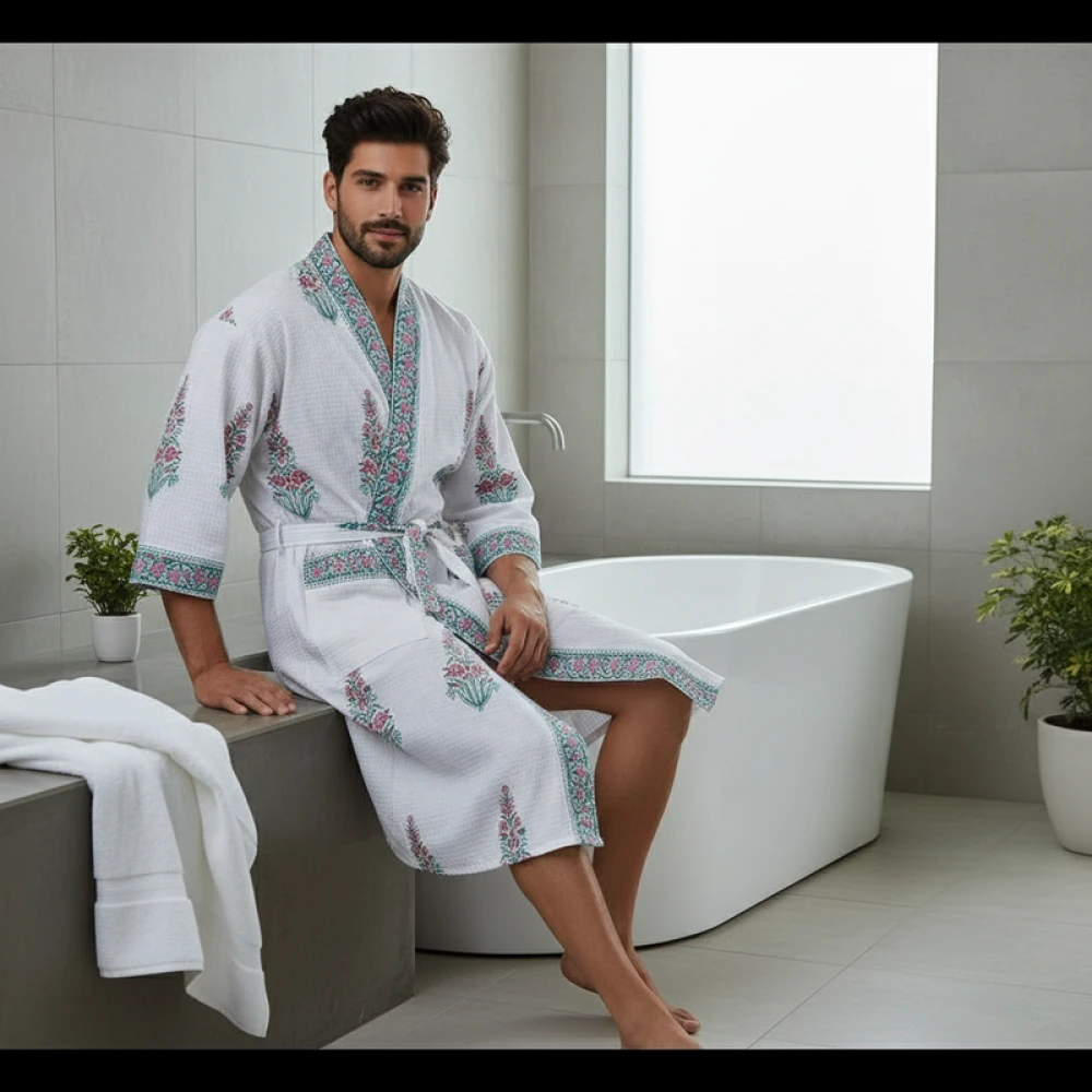 Waffle Weave Cotton Men's Block Print Bathrobe (Free Size)
