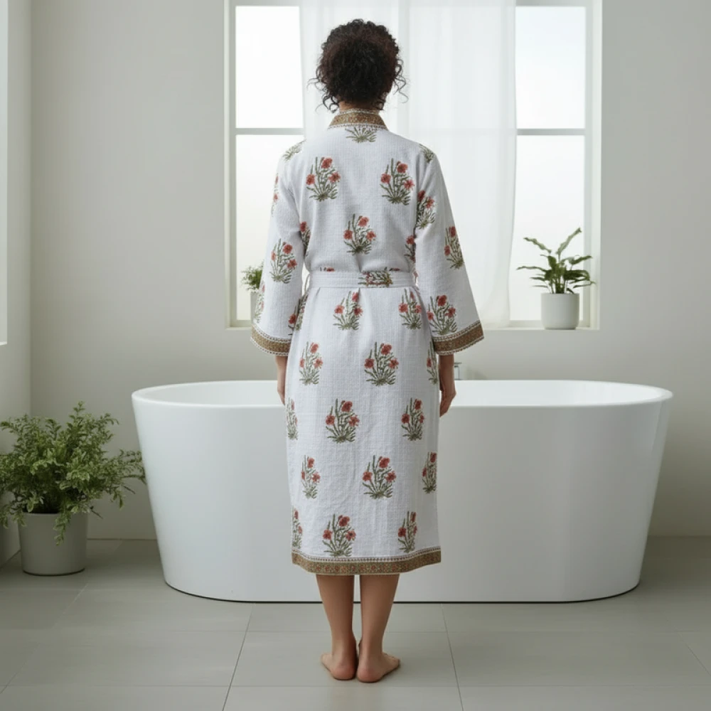 Handcrafted Waffle Cotton Women's Bathrobe with Block Print (Free Size)