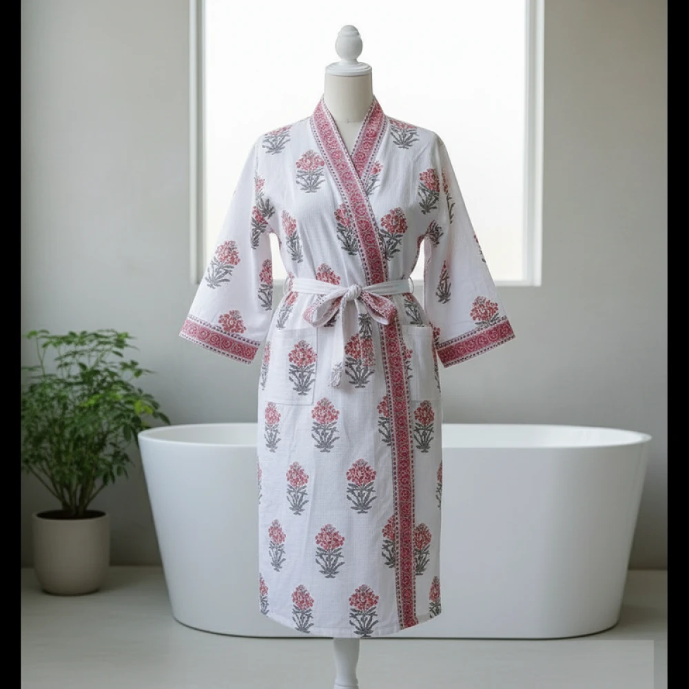 Lightweight Waffle Cotton Unisex Block Printed Bathrobe (Free Size)