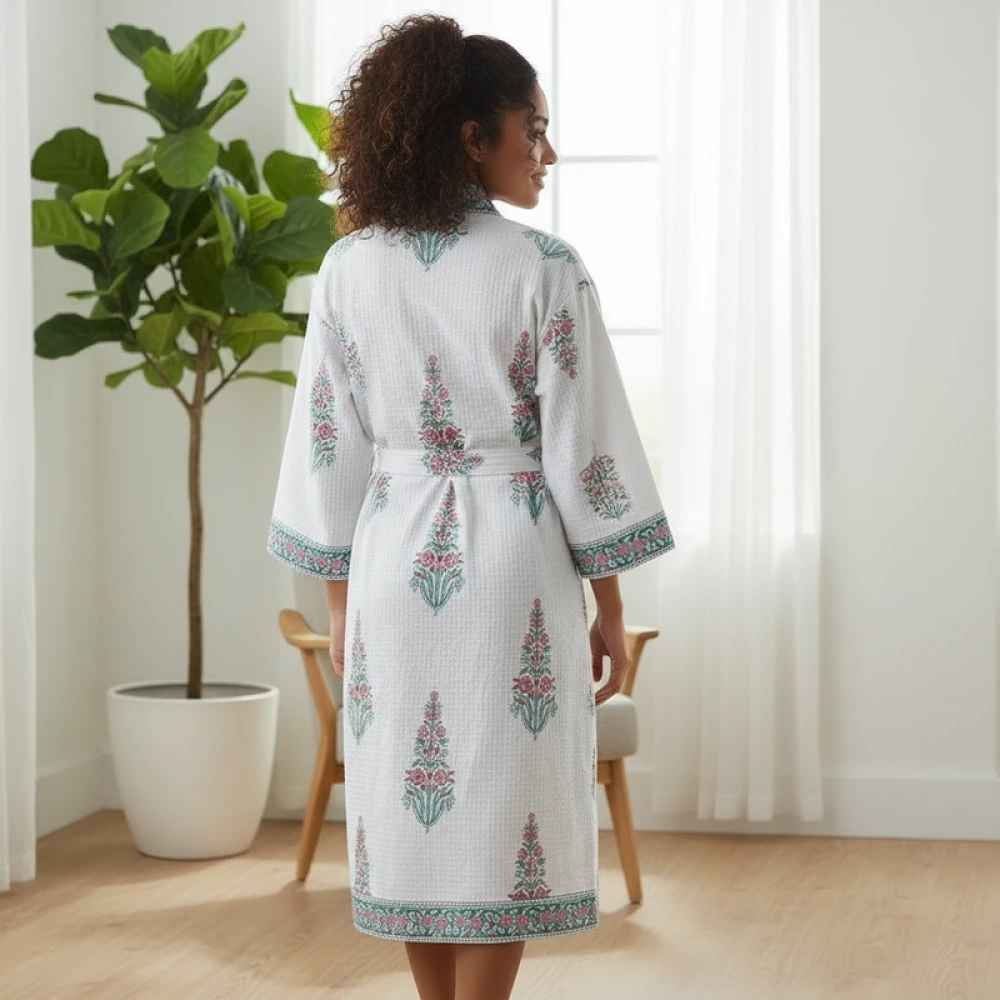 Waffle Weave Cotton Women's Block Print Bathrobe (Free Size)