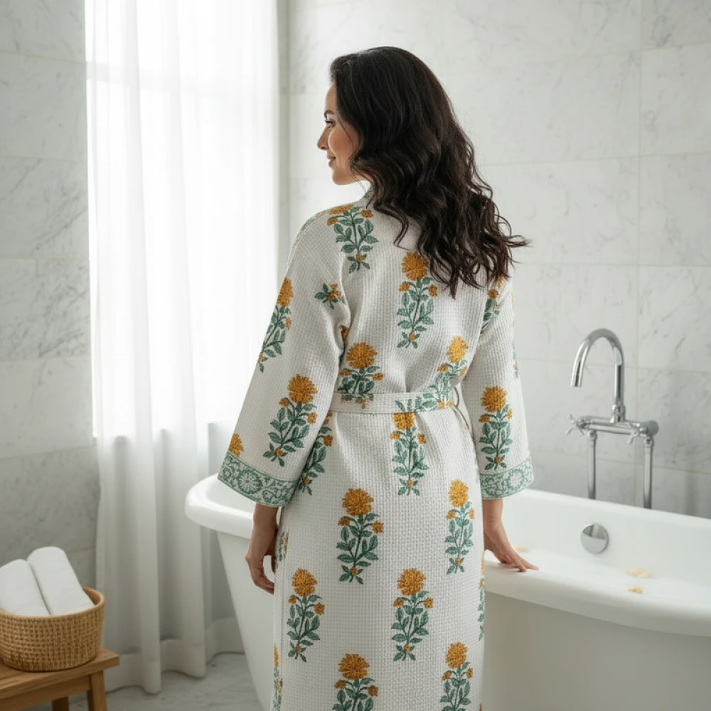 Classic Waffle Cotton Women's Designer Block Print Bathrobe (Free Size)