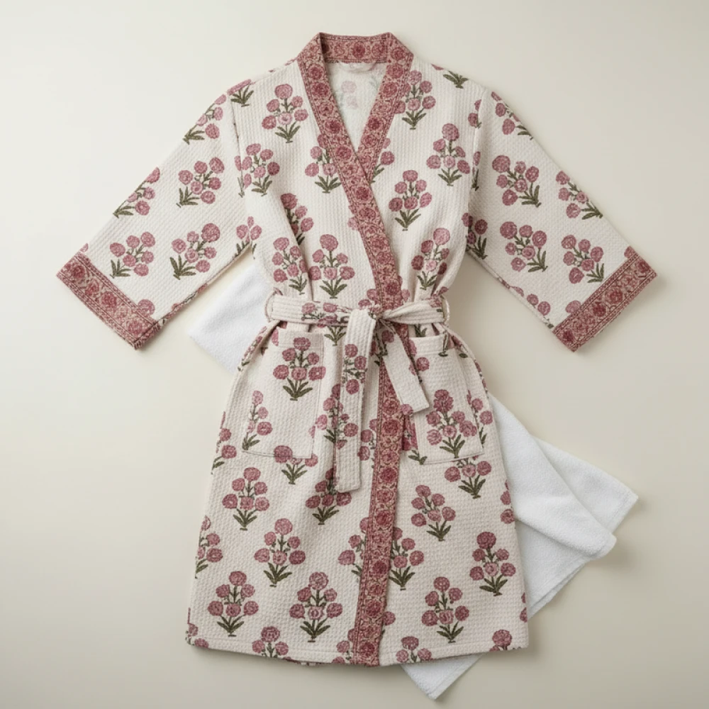 Unisex Waffle Cotton Printed Bathrobe with Block Print Design (Free Size)