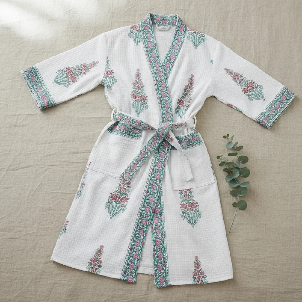 Waffle Weave Cotton Unisex Block Print Bathrobe (Free Size)