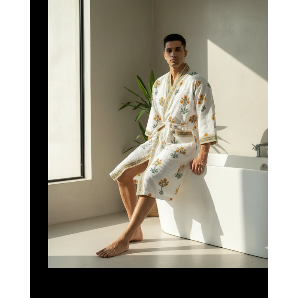 Comfort Fit Waffle Cotton Men's Block Print Bathrobe (Free Size)