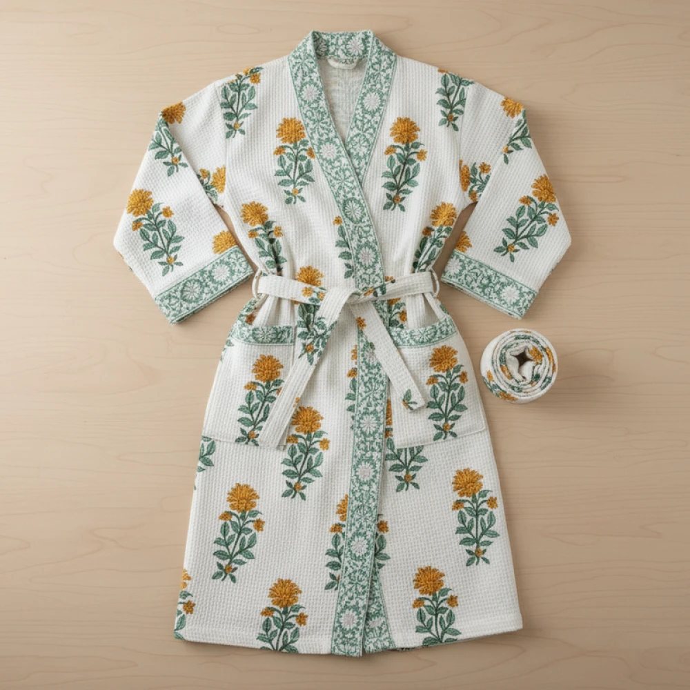 Classic Waffle Cotton Unisex Designer Block Print Bathrobe (Free Size)
