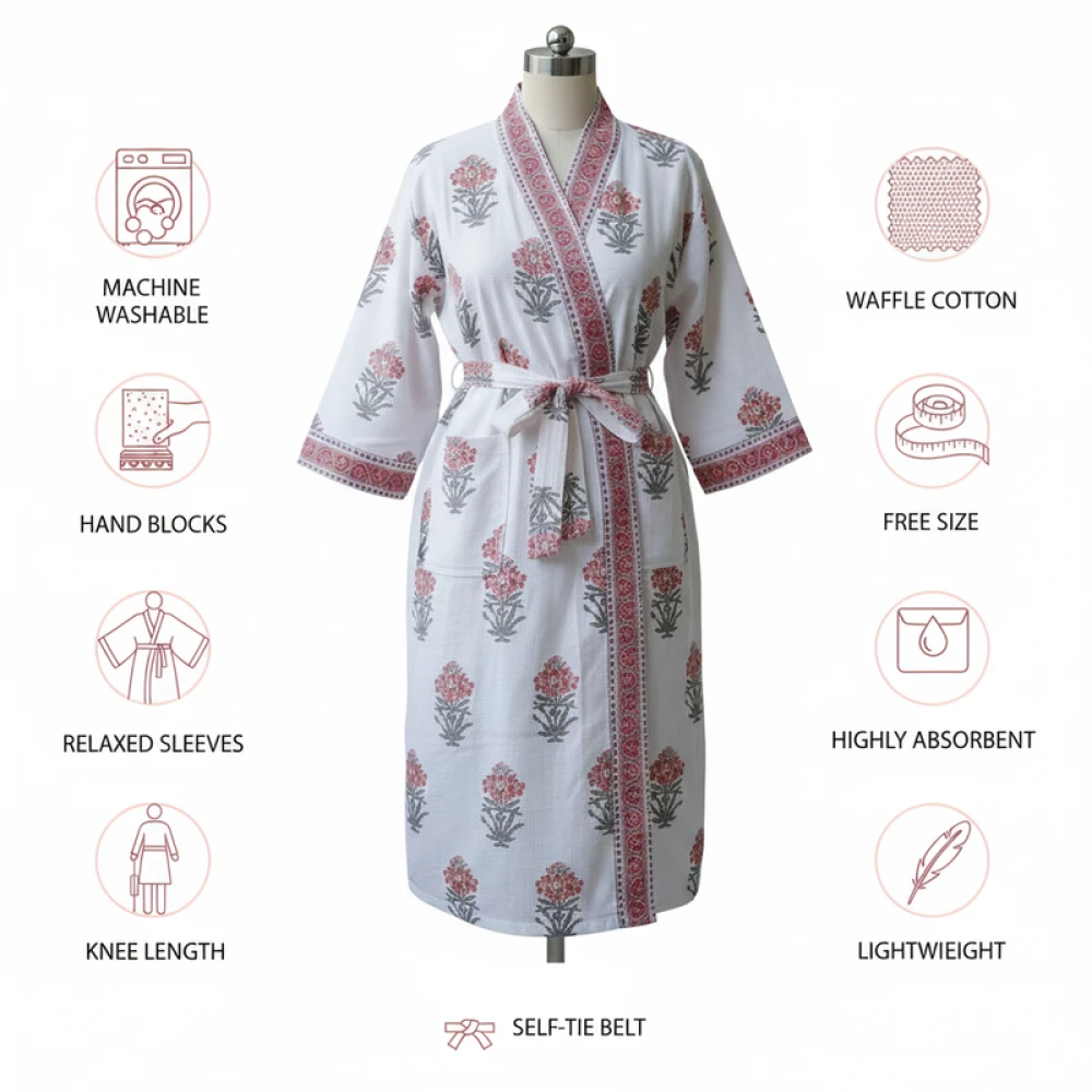 Lightweight Waffle Cotton Women's Block Printed Bathrobe (Free Size)