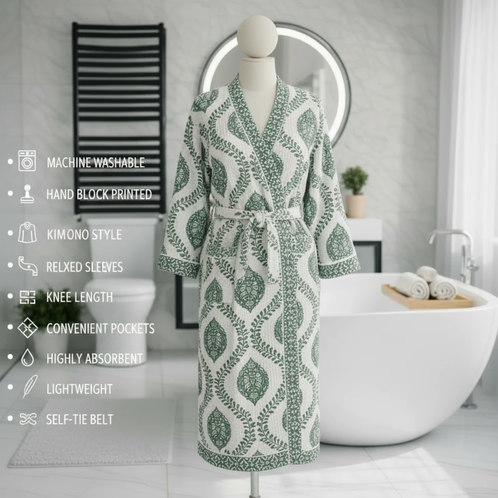 Premium Waffle Cotton Women's Block Print Bathrobe (Free Size)