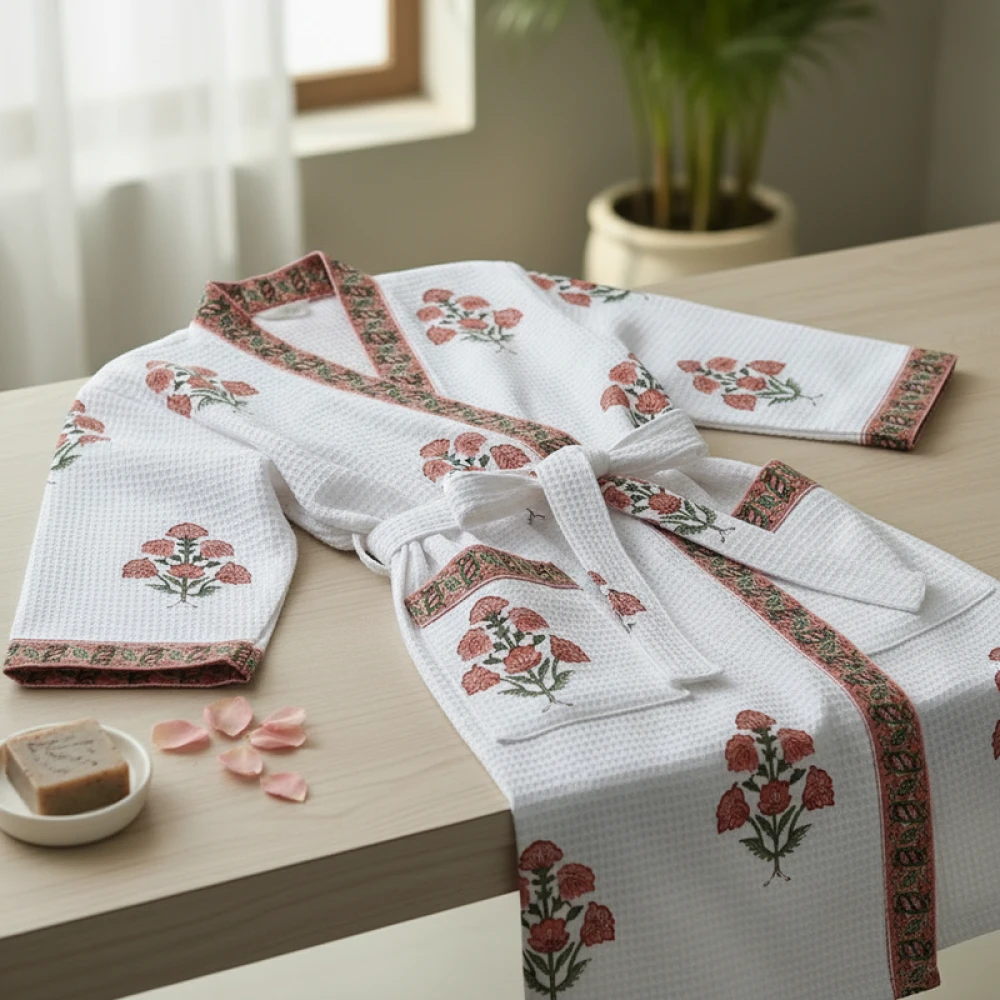 Absorbent Waffle Cotton Men's Printed Bathrobe (Free Size)