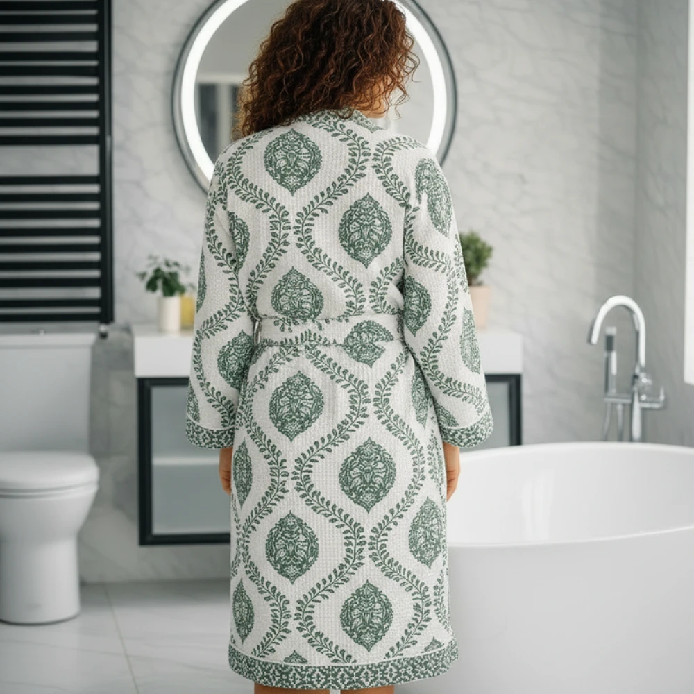 Premium Waffle Cotton Women's Block Print Bathrobe (Free Size)
