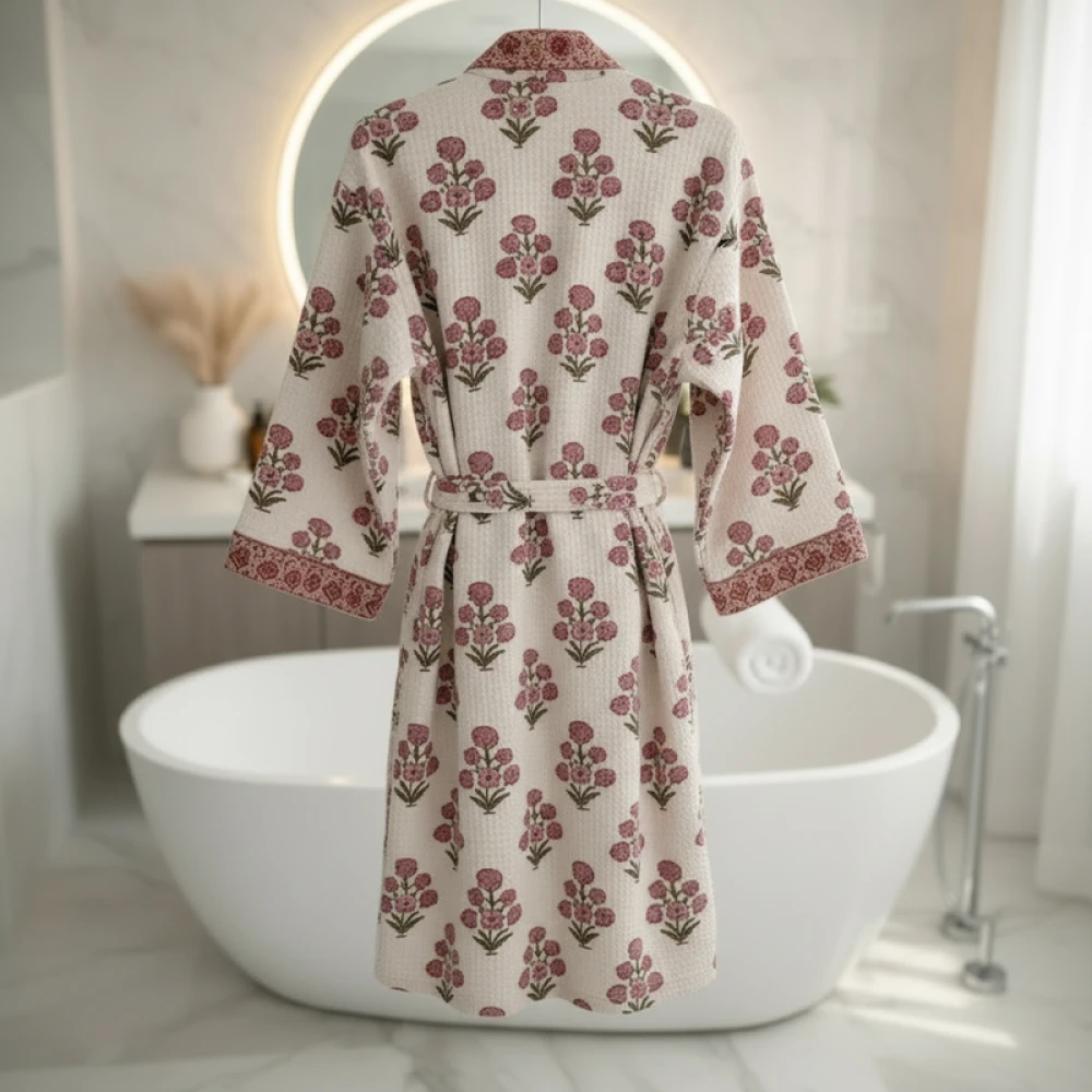 Unisex Waffle Cotton Printed Bathrobe with Block Print Design (Free Size)
