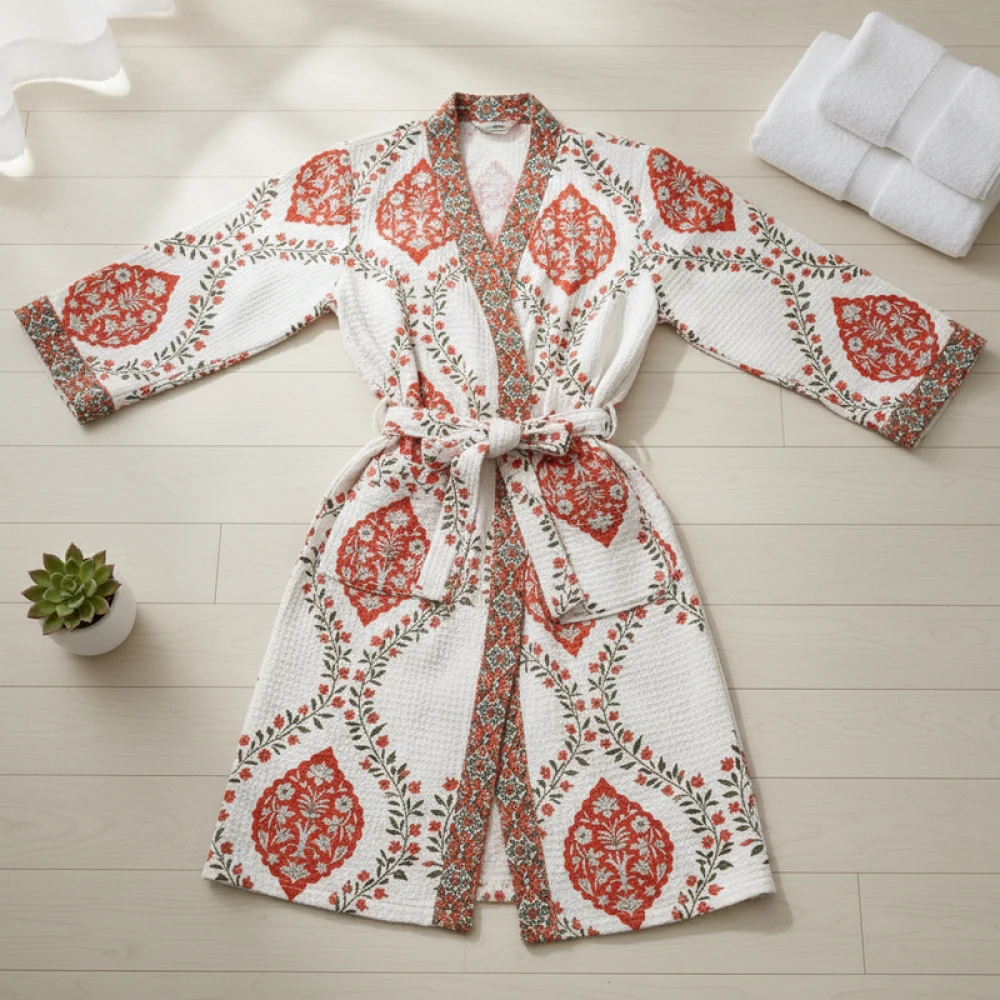 Soft Waffle Cotton Men's Spa Block Print Bathrobe (Free Size)
