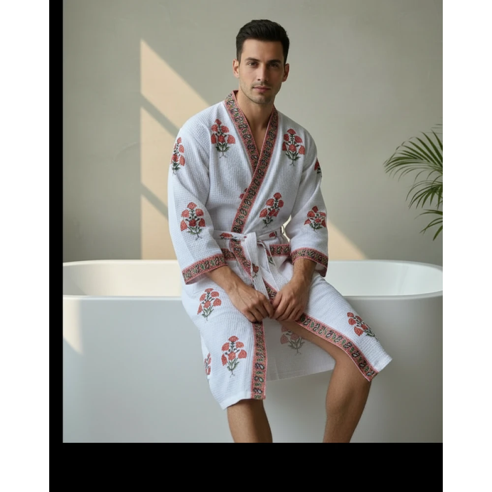 Absorbent Waffle Cotton Men's Printed Bathrobe (Free Size)