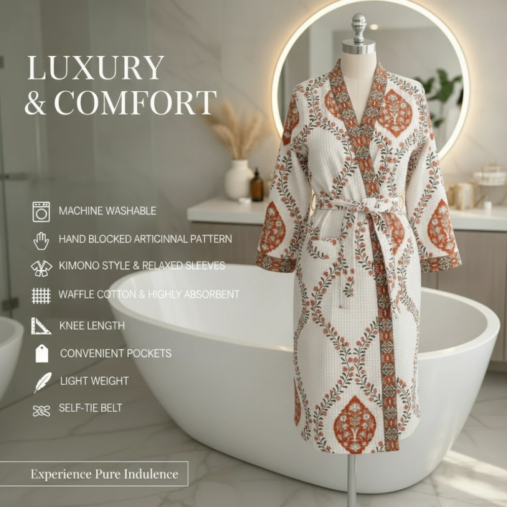 Soft Waffle Cotton Men's Spa Block Print Bathrobe (Free Size)