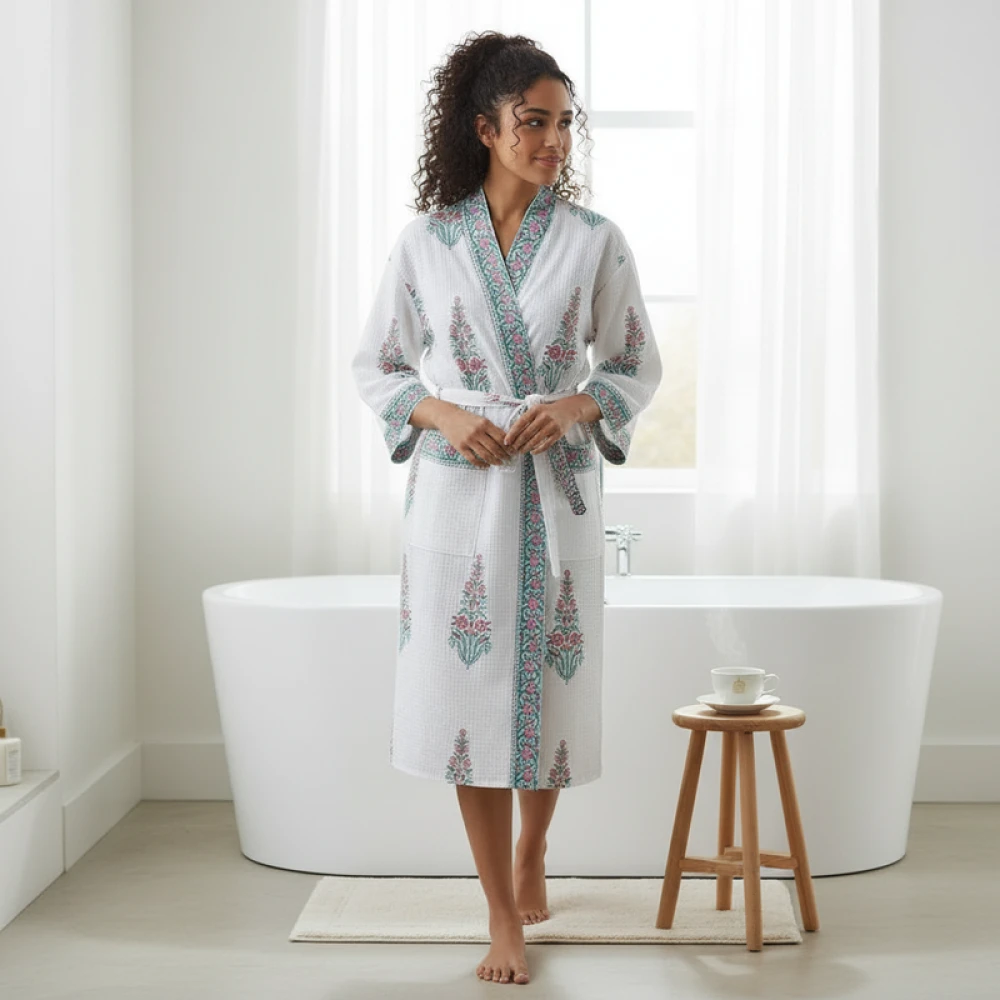 Waffle Weave Cotton Women's Block Print Bathrobe (Free Size)